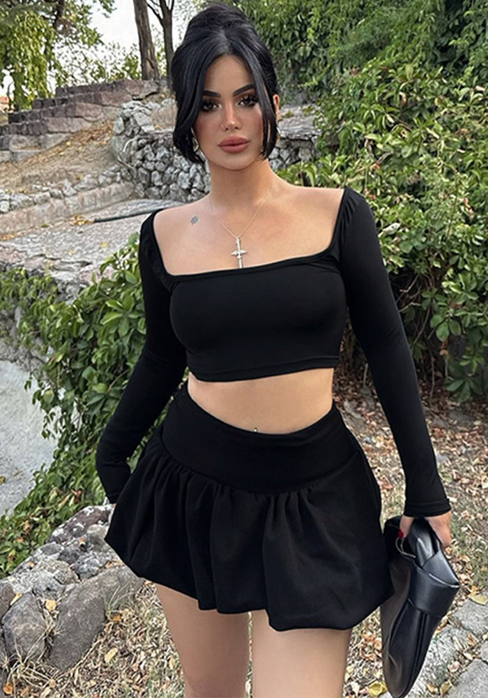 Women Long Sleeve Top and Pleated Skirt Winter Solid Sexy Two-piece Set