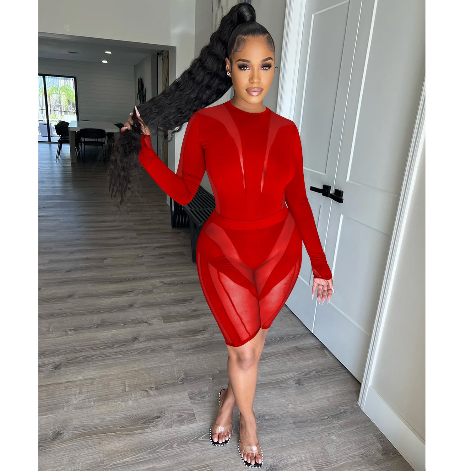 Women's Fashion Mesh See-Through Round Neck Shorts Long Sleeve Two Piece 6