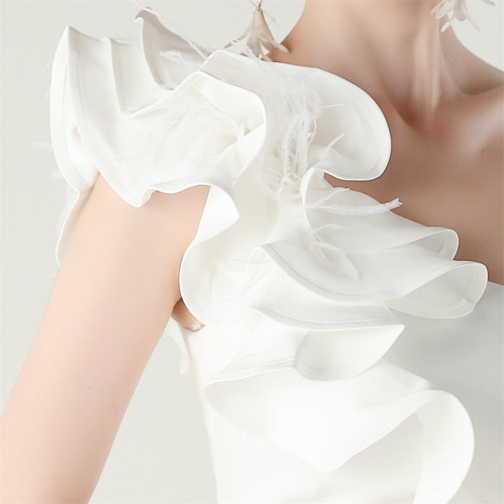 Women One-Shoulder Beaded Wool and Floral Satin Slit Sexy Evening Dress 85