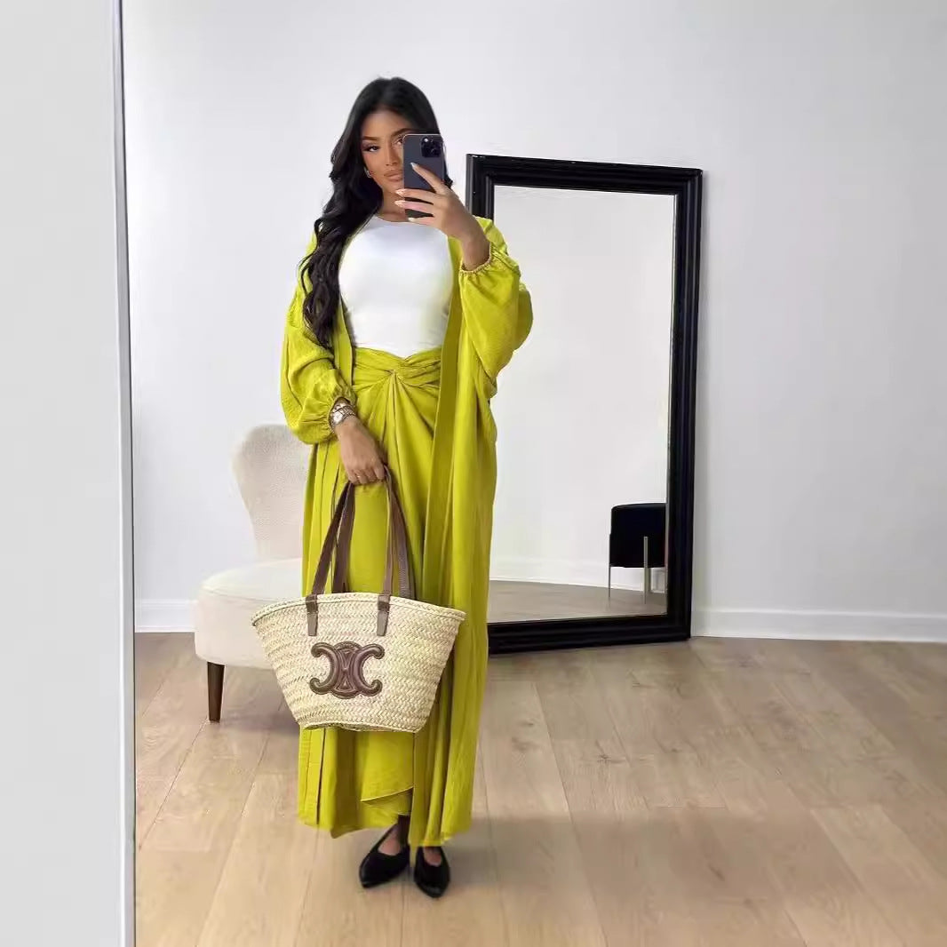 Autumn And Winter Solid Color Lantern Sleeve Lace-Up Robe Coat 4