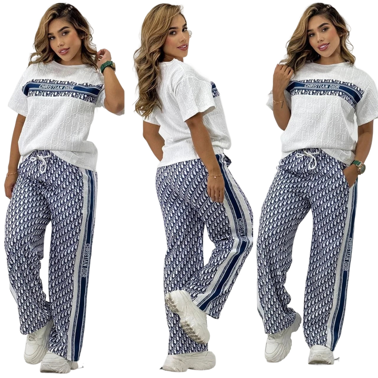 Women  Summer Casual Jacquard Short Sleeve T-shirt And Lace Jacquard Wide Leg Pants Two Piece Set 9