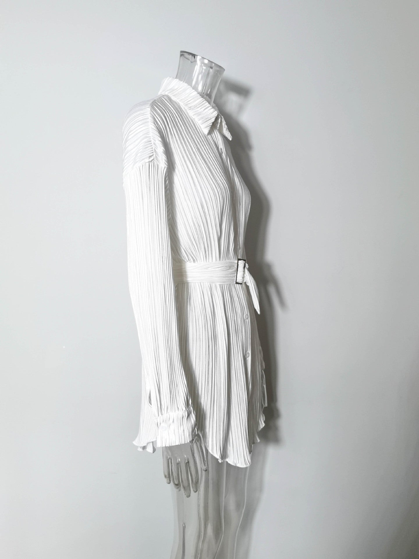 Women Pleated Long Sleeve Belted Shirt Dress 22