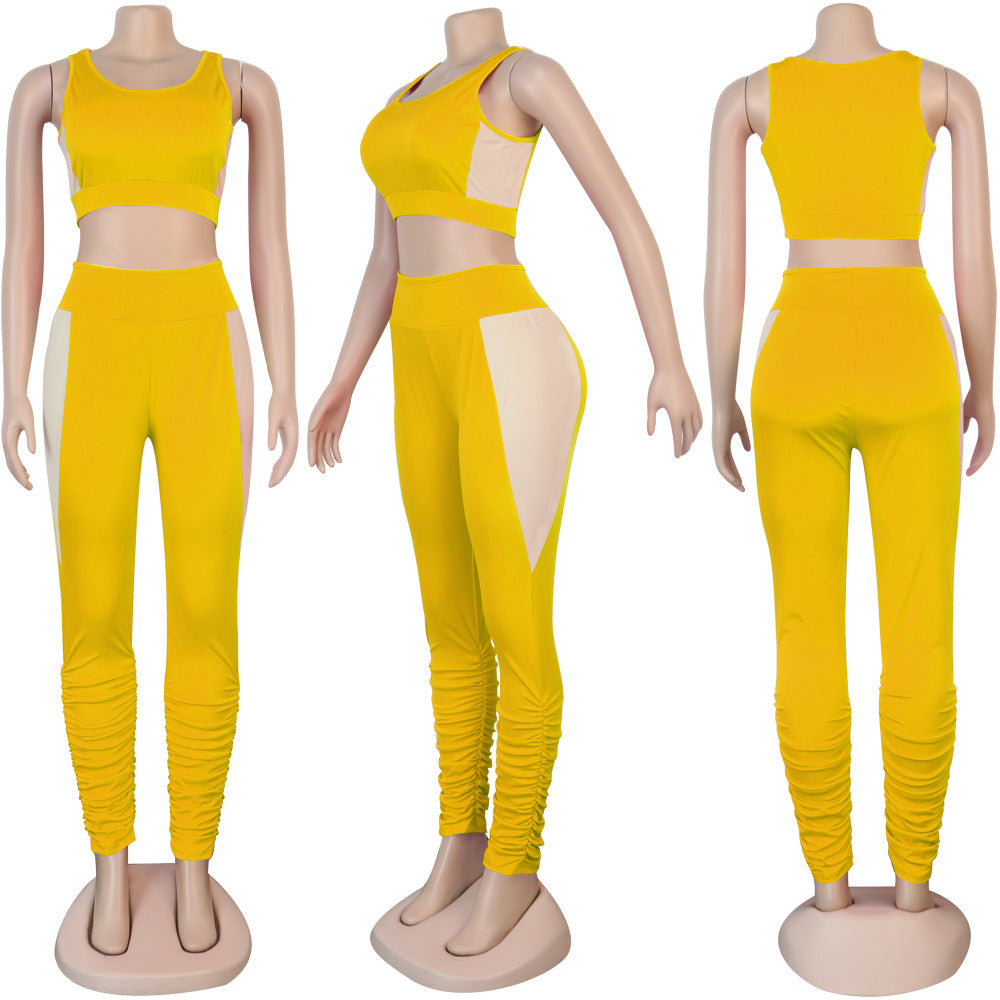 Women Sexy Solid Patchwork Gathered Sports Top and Pant Two-piece Set 16