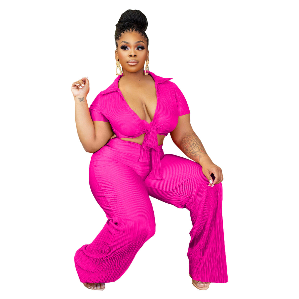 Women Lace-Up Crop Top and Pleated Wide-Leg Pants Two-Piece Set 7