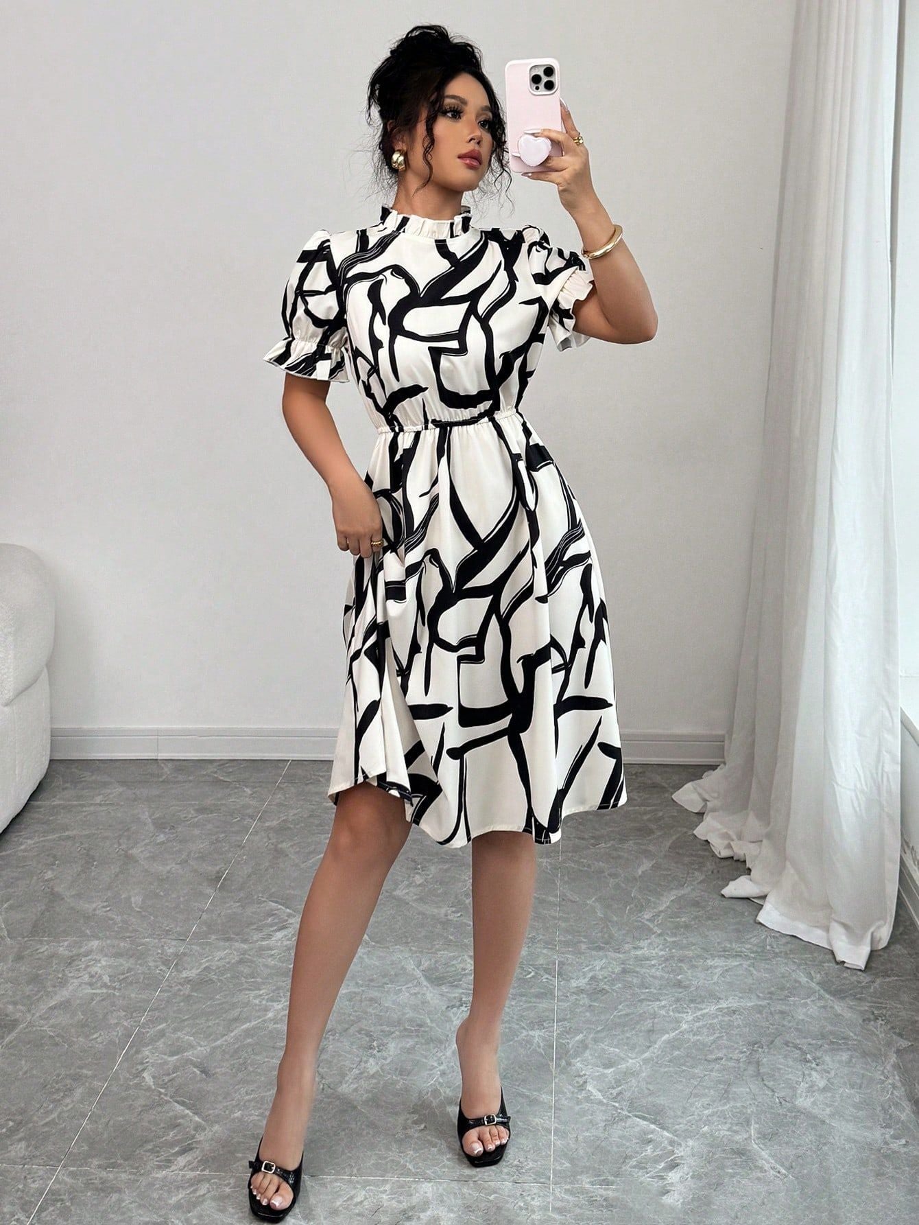 Women's Spring Summer Fashion Elegant Tie Waist Ruffled Collar Puff Sleeve A-Line Print Dress 4