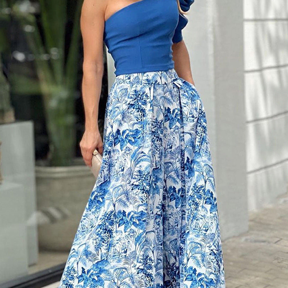 Women Style One-shoulder Top + Printed Swing Skirt Two-piece Set 5