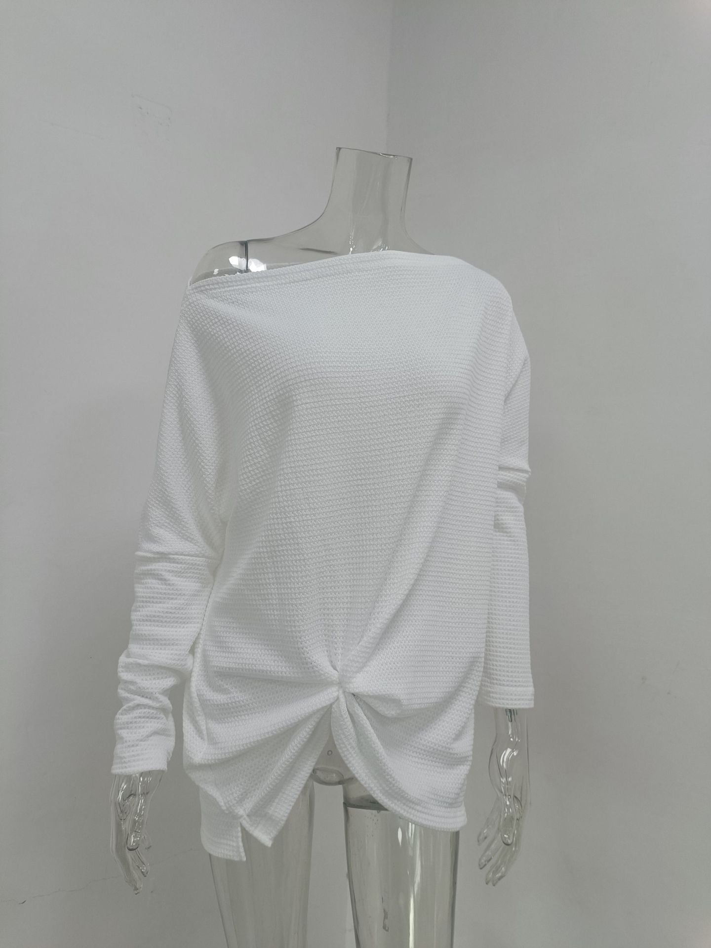 Women knitting waffle Slash Shoulder Top 33