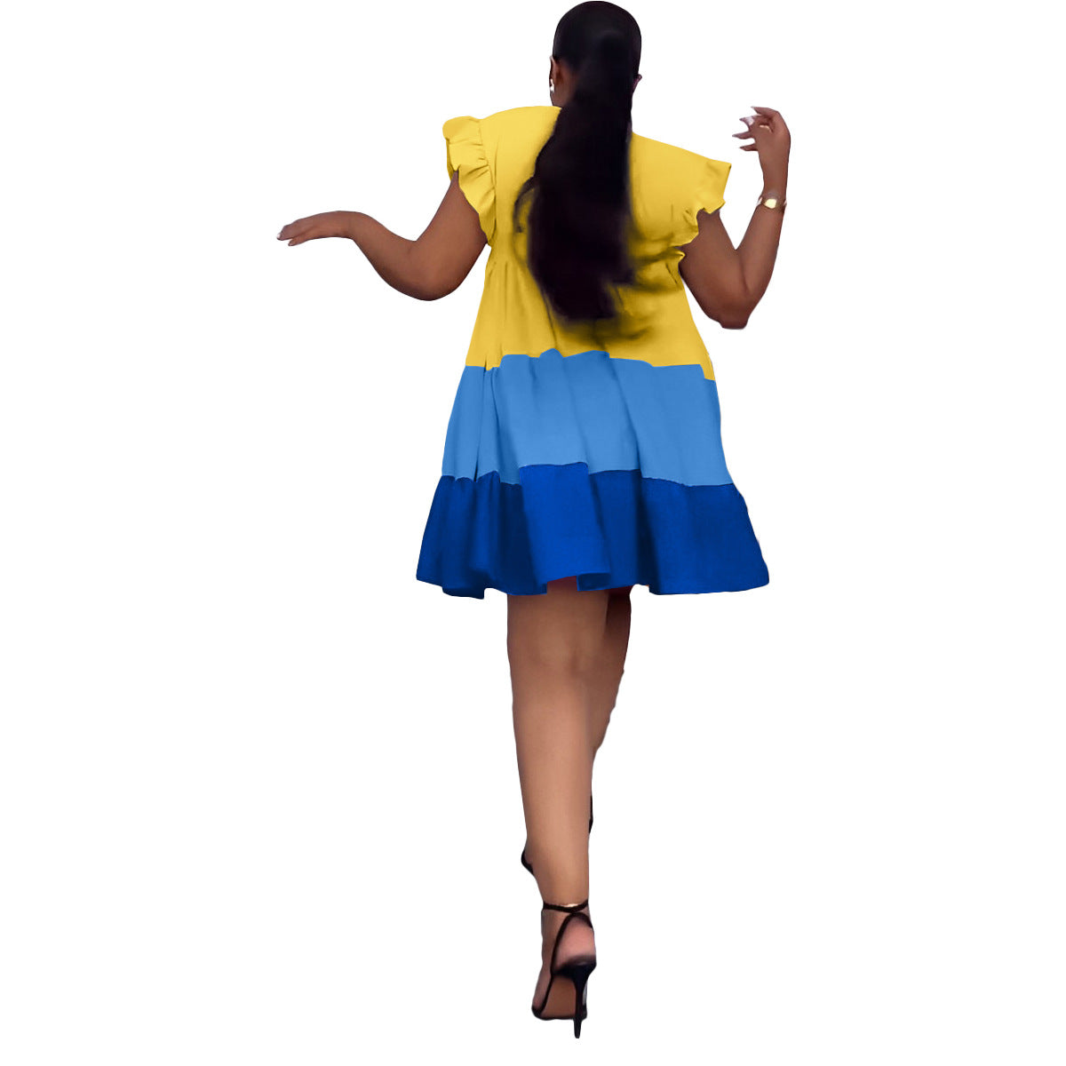 Women's Round Neck Ruffle Sleeve Contrast Patchwork Oversized Swing Dress 16