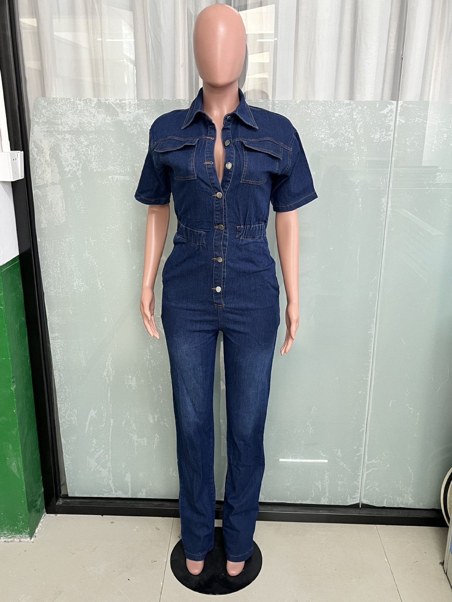 Casual Short Sleeve Button Elastic Denim Jumpsuit 8