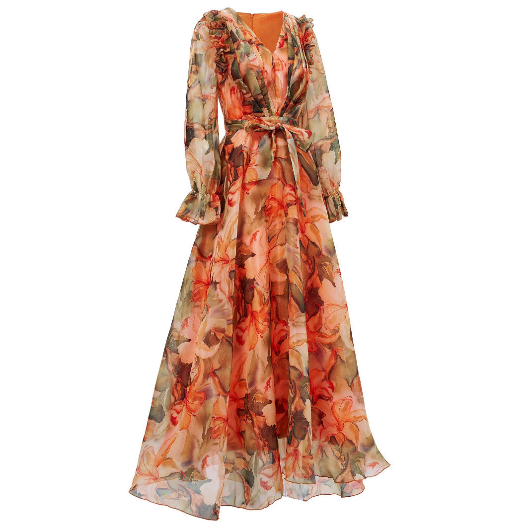 Elegant Women's Long-Sleeve V-Neck Ruffled Formal Party Mesh Evening Gown