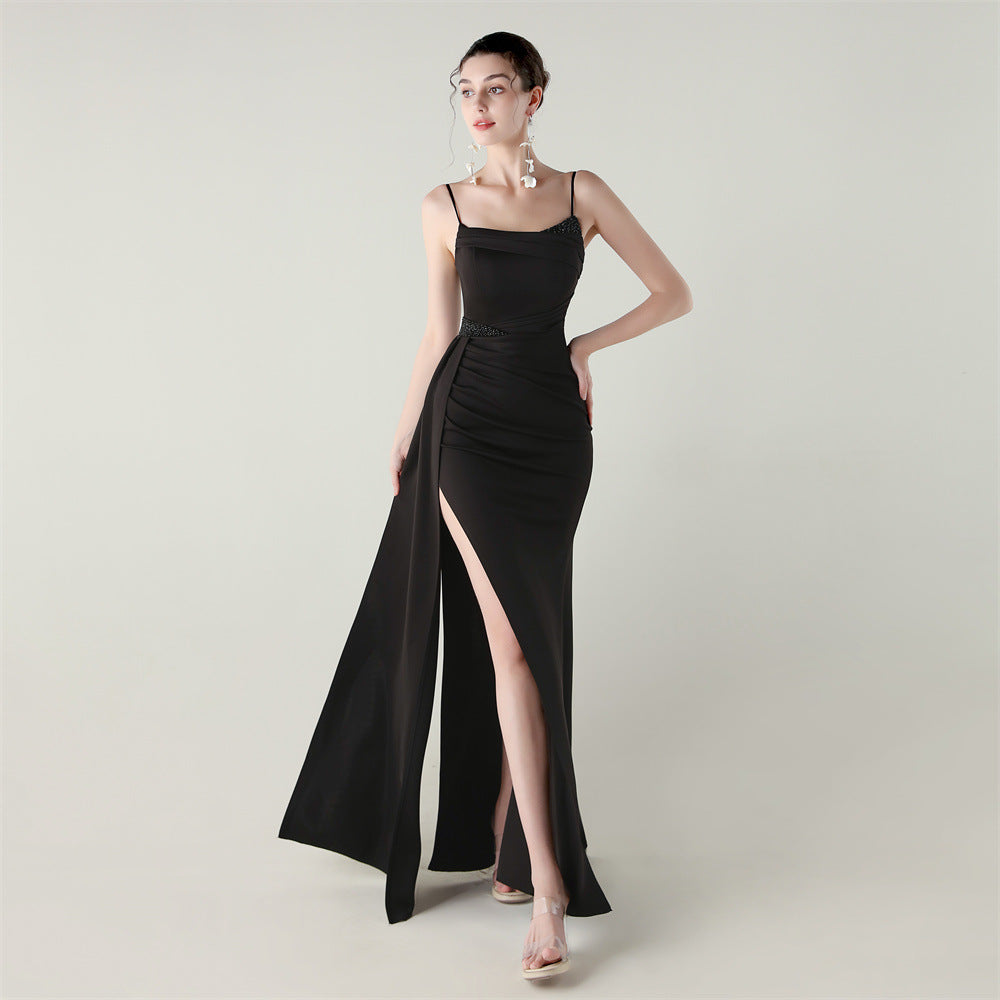 Women satin beaded chain fishtail slit evening dress 12