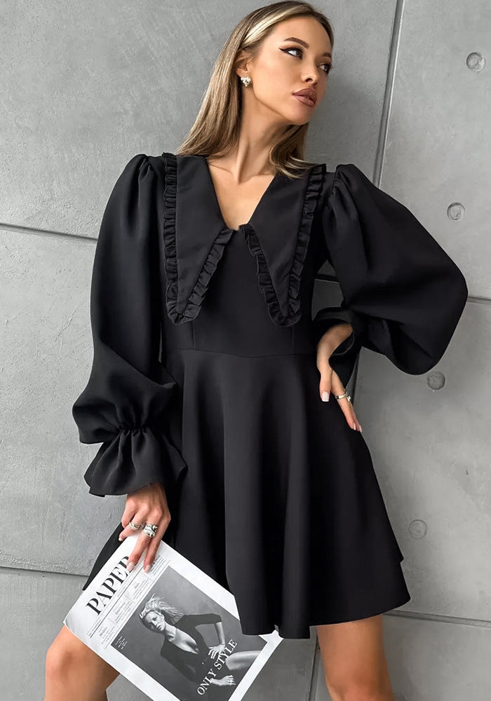 Autumn And Winter Black Sexy Turndown Collar Bell Bottom Long Sleeve Slim Short Dress