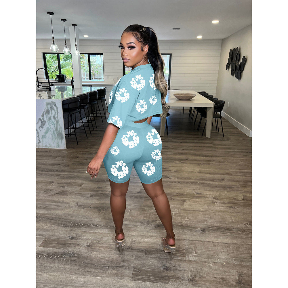 Women Summer Round Neck Short Sleeve Top and Shorts Printed Two-piece Set 12