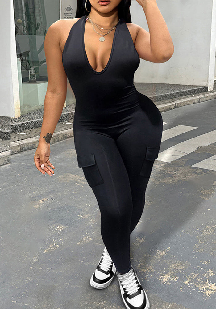 Women Sexy Backless Halter Neck V-neck Pocket Jumpsuit