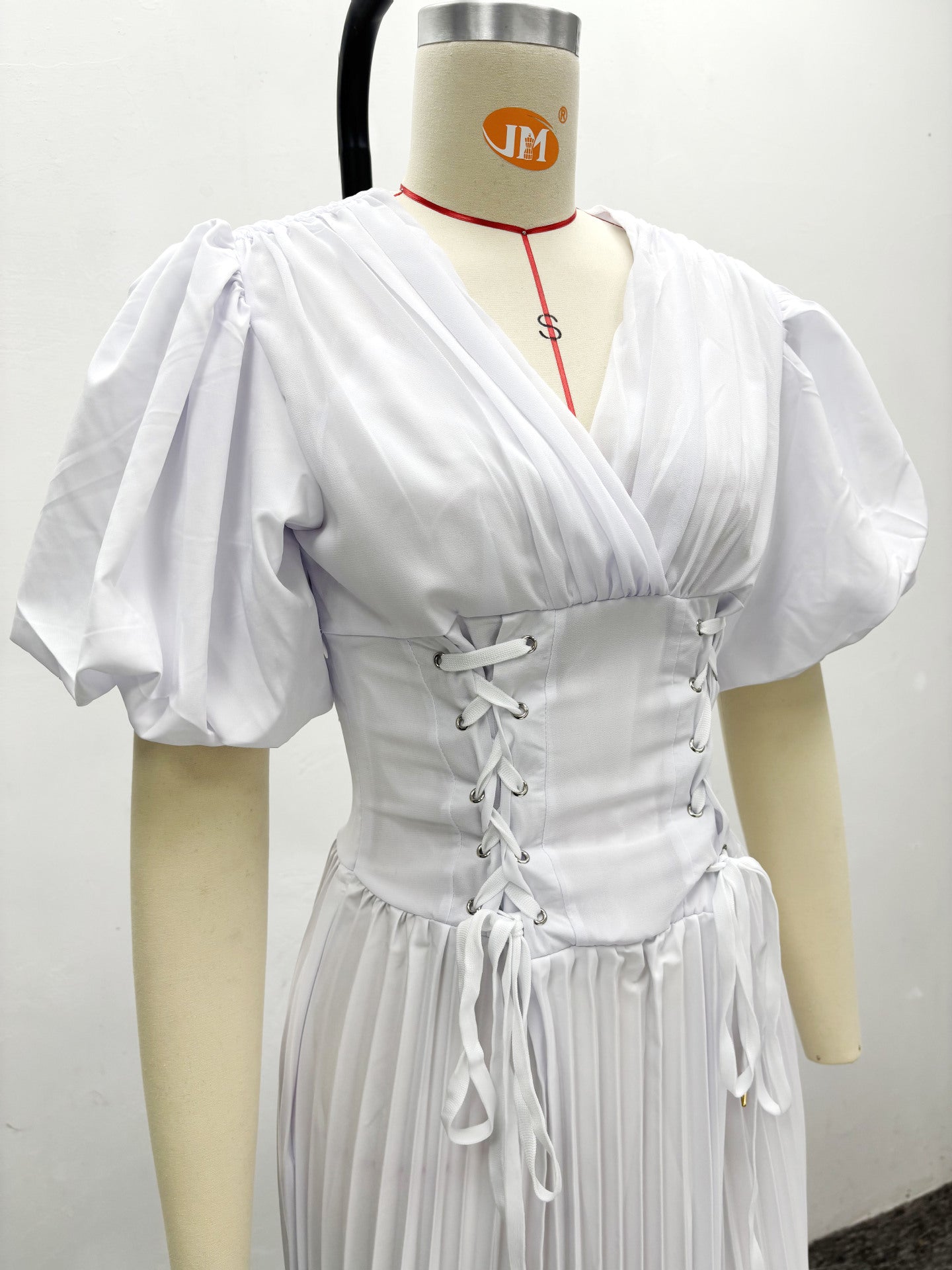 African Women's V-Neck Puff Sleeve Lace-Up Slim Waist Solid Color Trendy Pleated Maxi Dress 6