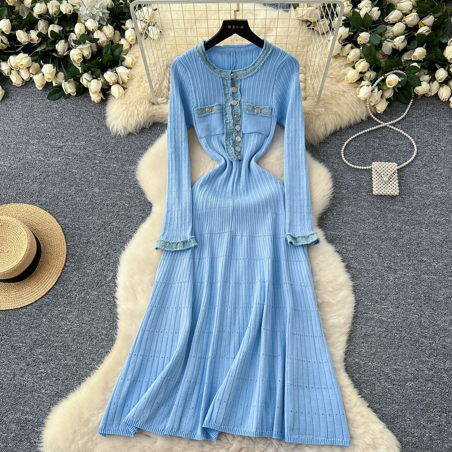 Women Fall/Winter Round Neck Denim Patchwork Long-Sleeved Knitting Dress 7