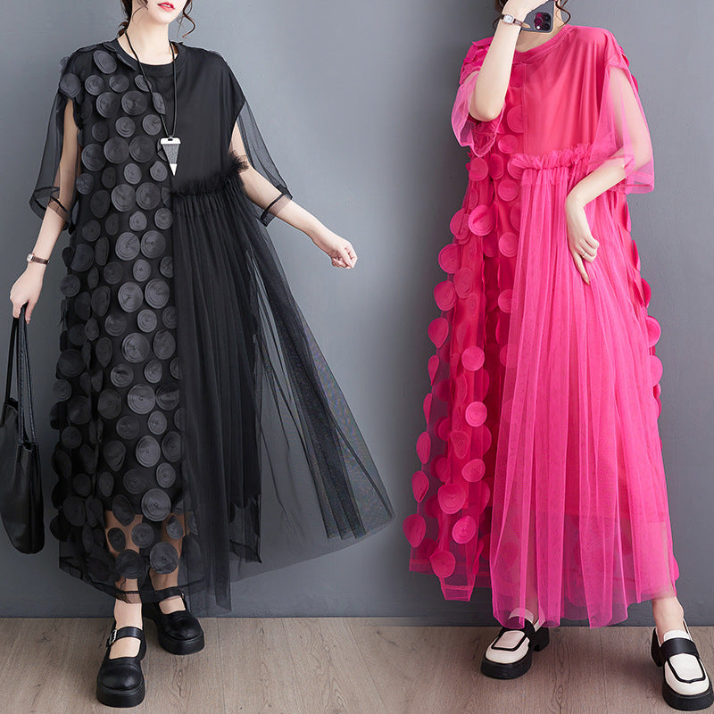 Summer Plus Size Women Polka Dot Mesh Patchwork Irregular Maxi Dress 10