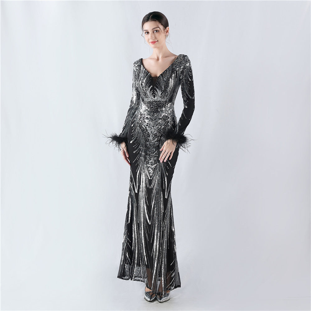 Women Positioning Flower Ostrich Feather Evening Dress 15