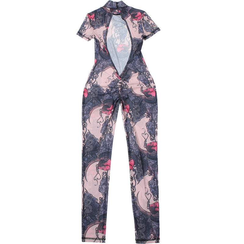 Women Summer Street Trend Mesh See-Through Print Backless Jumpsuit 15