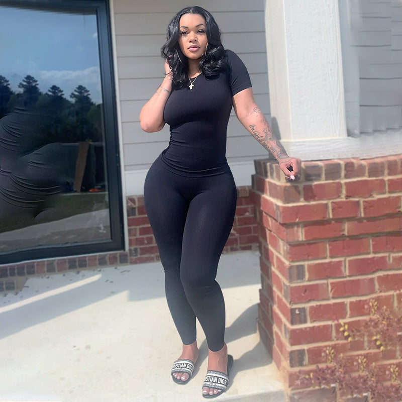 Plus Size Sports Two Piece Ribbed High Stretch Solid Color Suit Women 7