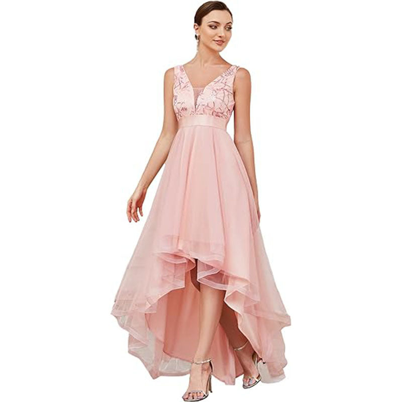 Summer Women's Evening Dress Sequined V-Neck Sleeveless High-Low A-Line Party Dress （Processing time need 3-6 days）