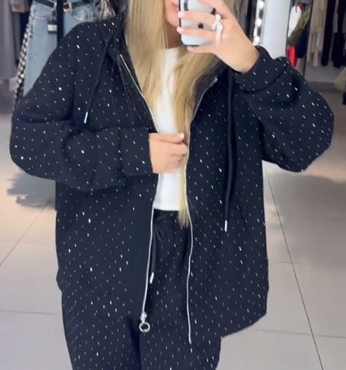 Women Autumn Winter Zipper Beaded Casual Hooded Hoodies Wide-Leg Pants Two-Piece Sports Suit 11