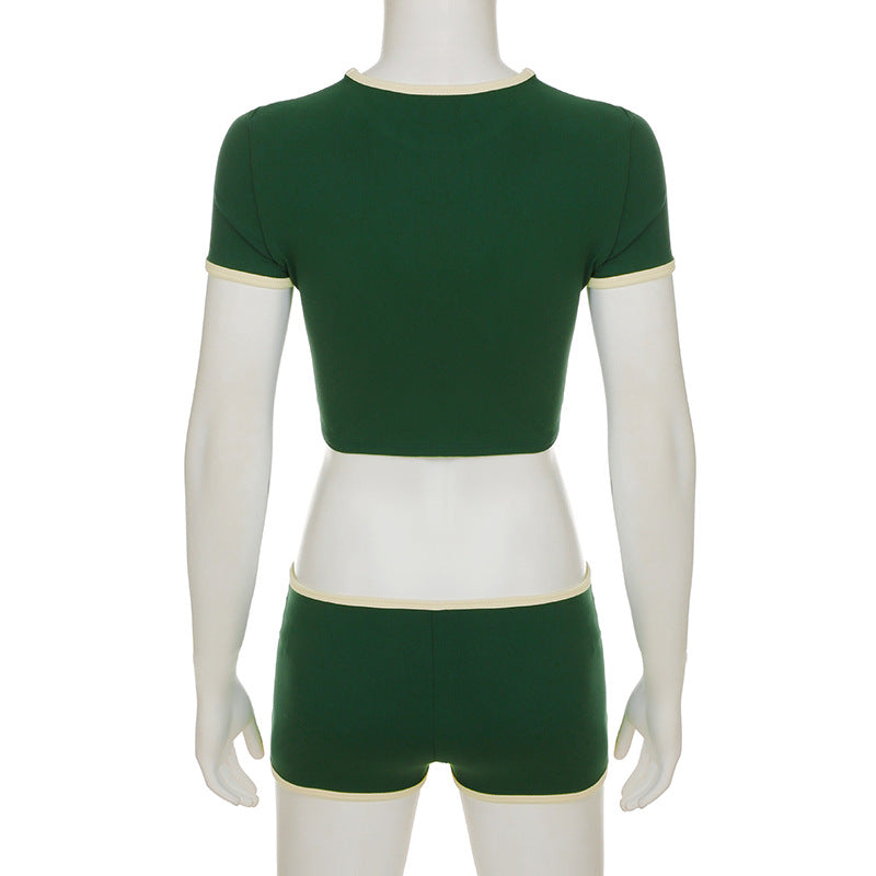 Women Sports Digital Print Contrast Short Sleeve Crop T-shirt and Shorts Casual Two-piece Set 9