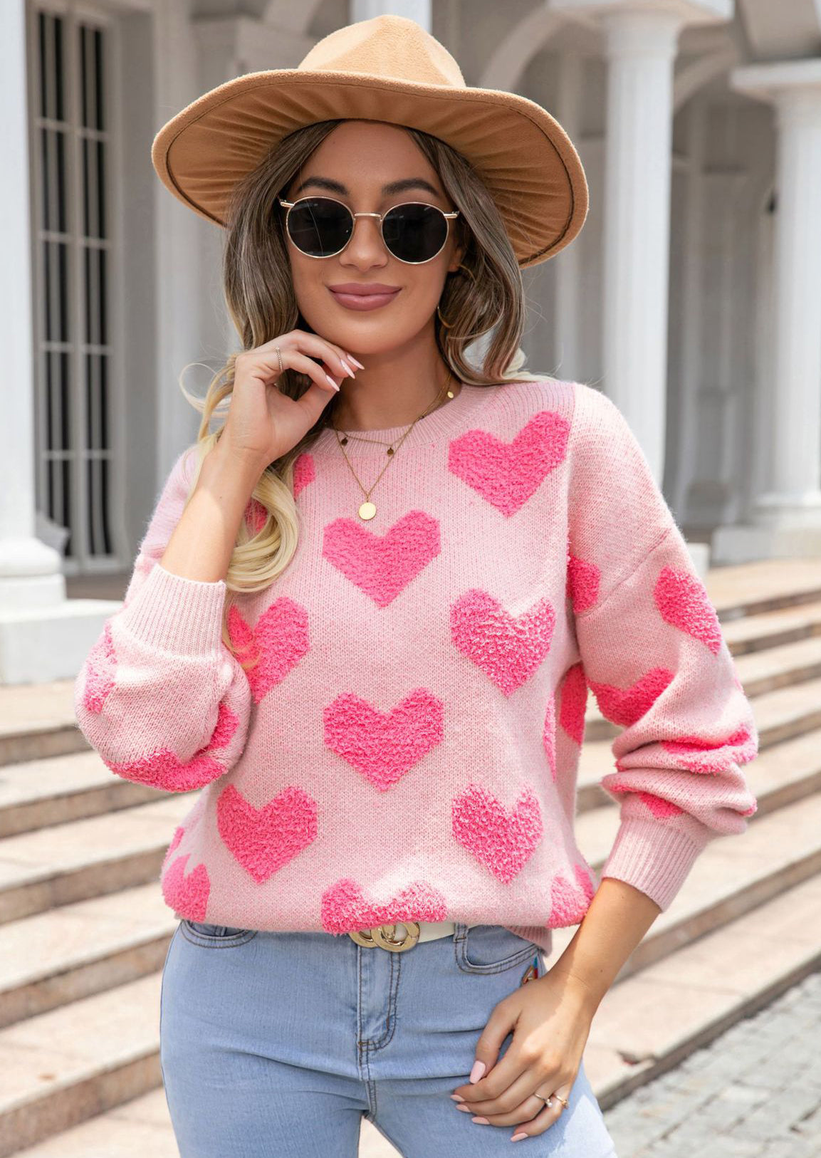 Winter Clothes Sweet Heart Print Round Neck Knitting Shirt Pullover Women's Sweater 6