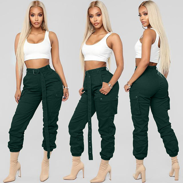 Women Solid Casual Cargo Pants with Belt 11