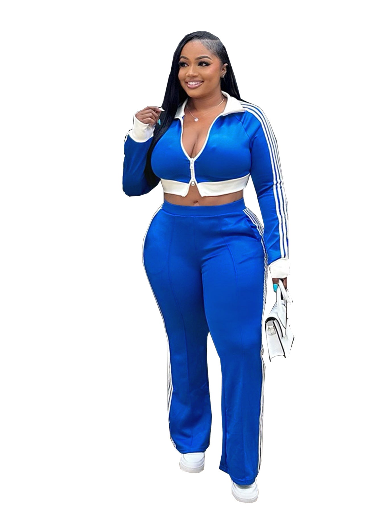 Women Casual contrast color zipper long-sleeved Crop Top and Pants two-piece set 15