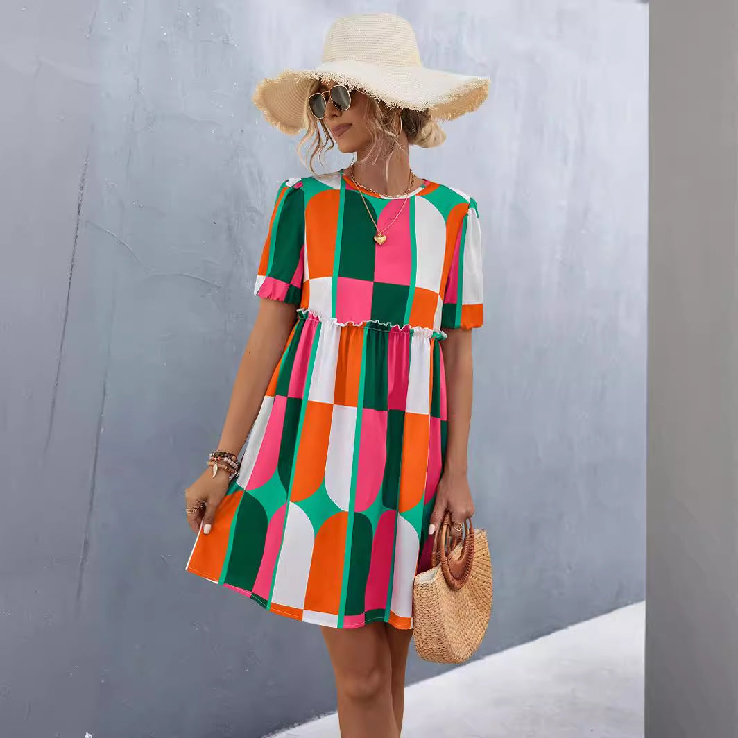 Spring Women's Round Neck Puff Sleeve Printed Dress 5