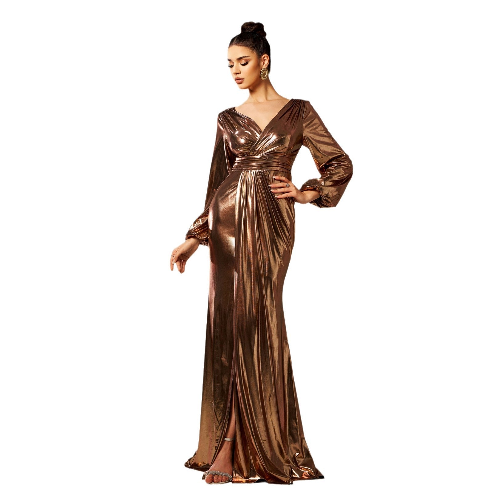 Women V-neck long sleeve Shiny Formal Party Bodycon Evening Dress 6