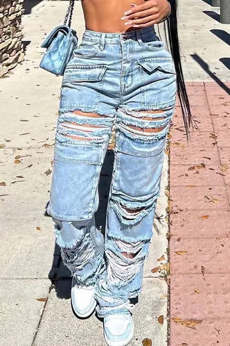 Women Casual Ripped Denim Wide Leg Pants 3