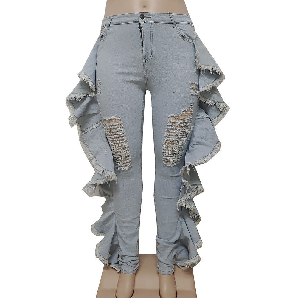 Women's Denim Pants Streetwear Casual Frayed Side Ruffles Tight Fitting Stretch Jeans 5