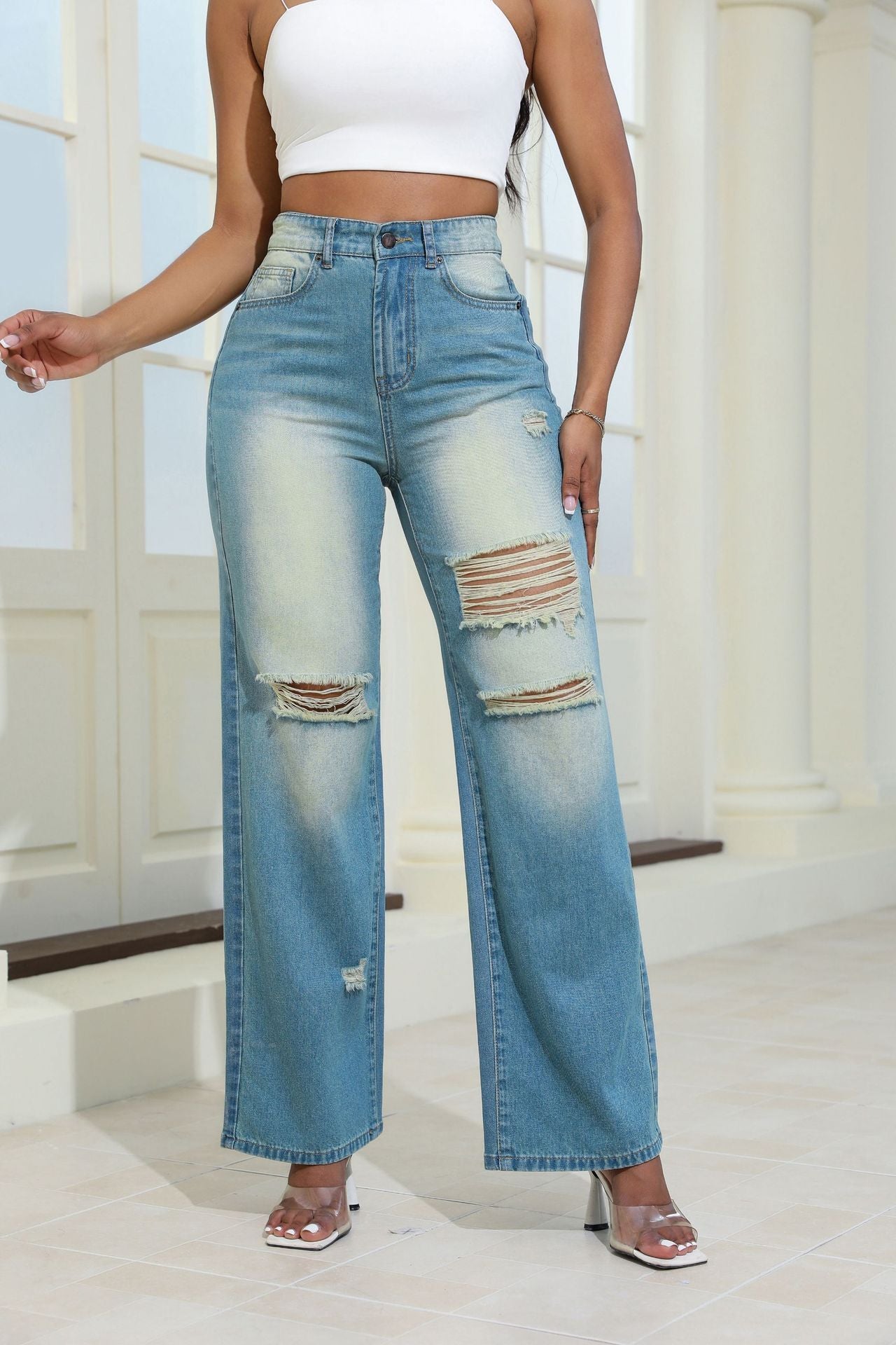 Women Autumn Retro Ripped Denim Pants 3