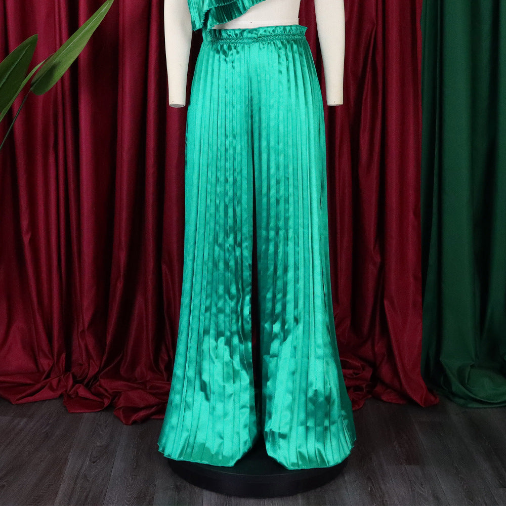 Summer Ladies Solid Color Casual Loose Pleated Wide Leg Pants African Trousers 18