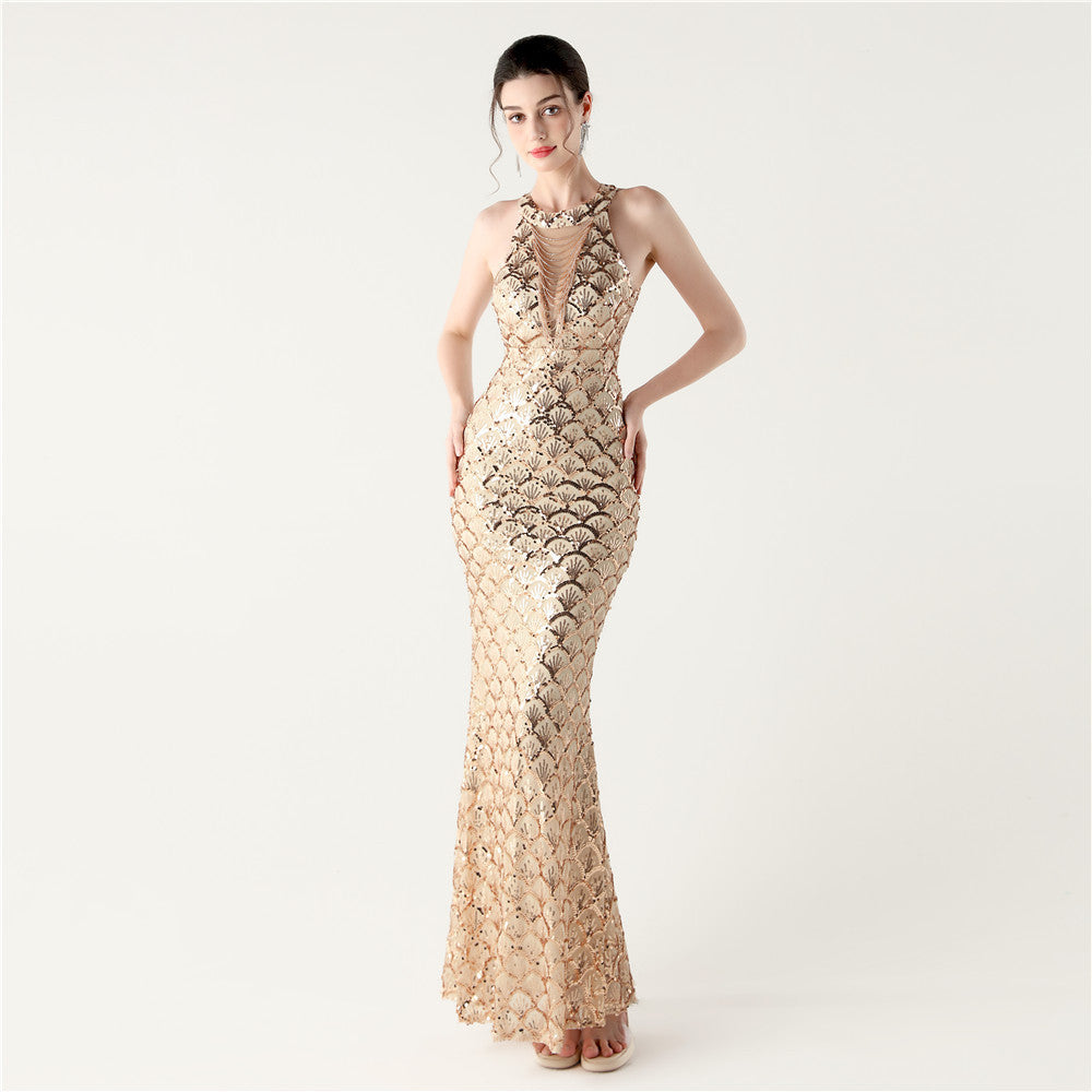 Halter Neck High Neck Hollow Fishtail Sequin Evening Dress Formal Party Gown 9