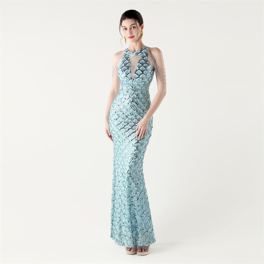 Sequin Fishtail Evening Dress Beaded Chain Formal Gown 21