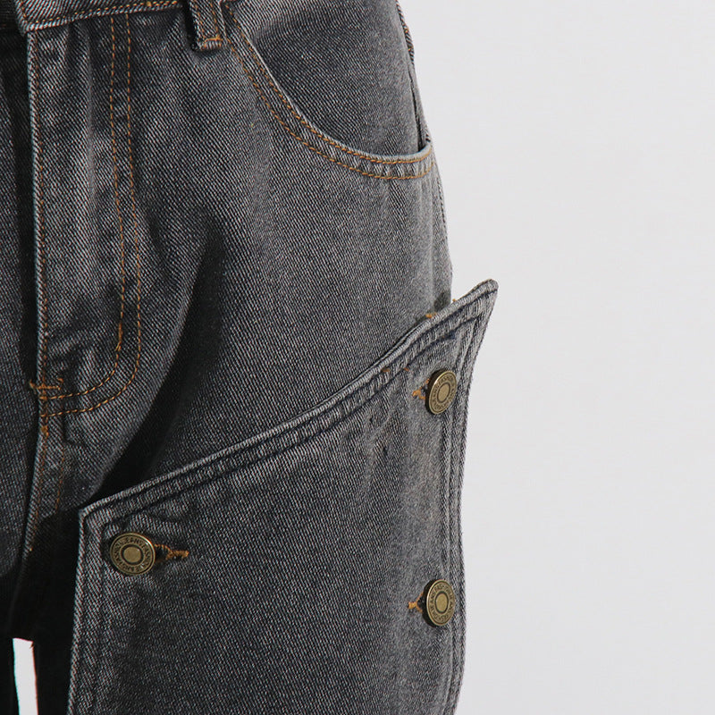 Autumn Street Trend Button Irregular Denim Pants High Waist Slim Fit Jeans 16