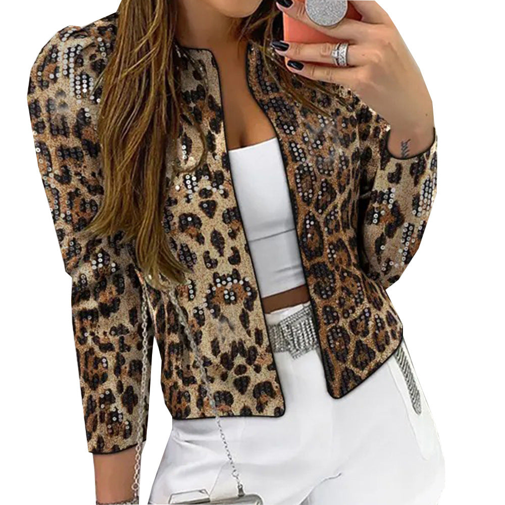Women Leopard Sequin Long-Sleeved Blazer Coat 6