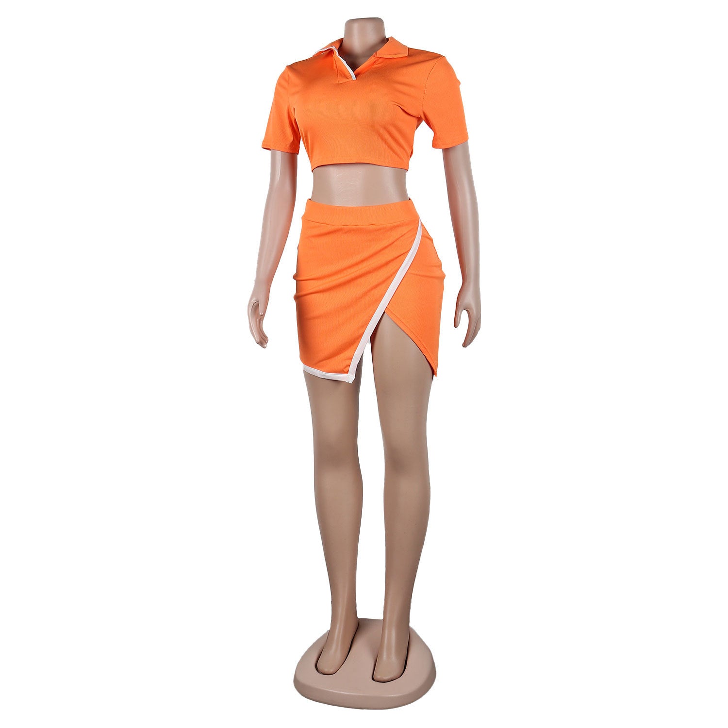 Women Sexy Turndown Collar Short Sleeve Top and Skirt Two-piece Set 24