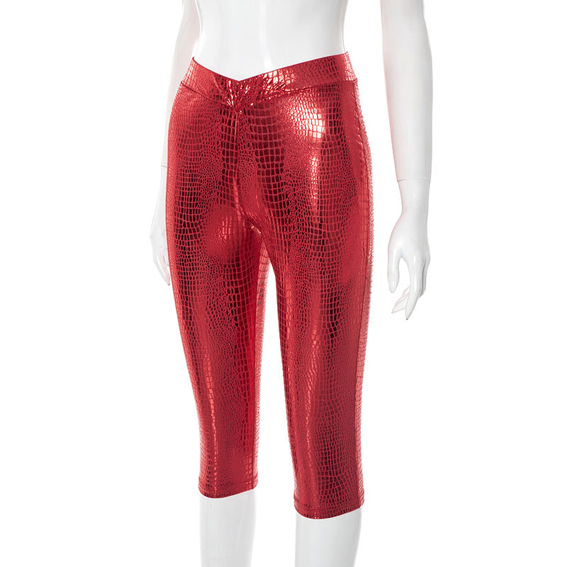 Women Spring and Summer Casual Snake Pattern Solid Cross Cropped Pants 7