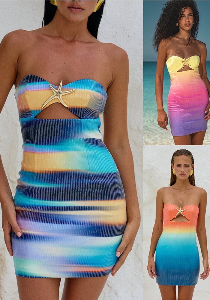 Spring Summer sequined printed strapless slim Holidays women's dress