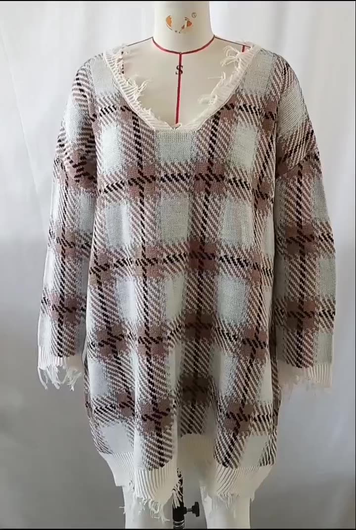 Women V-neck Casual Long Sleeve Plaid Basic Knitting Dress 11