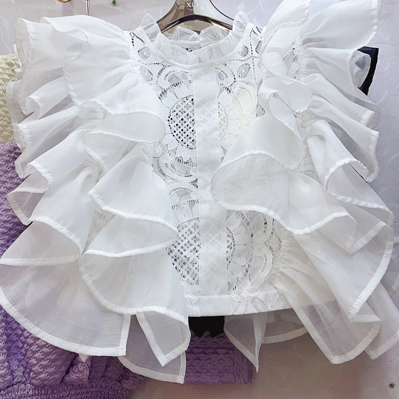 Women Summer French Ruffle Patchwork Crochet Hollow Stand Collar Lace Shirt 10