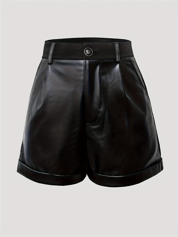High-Waist Button-Decorated Pocket PU Leather Shorts 3