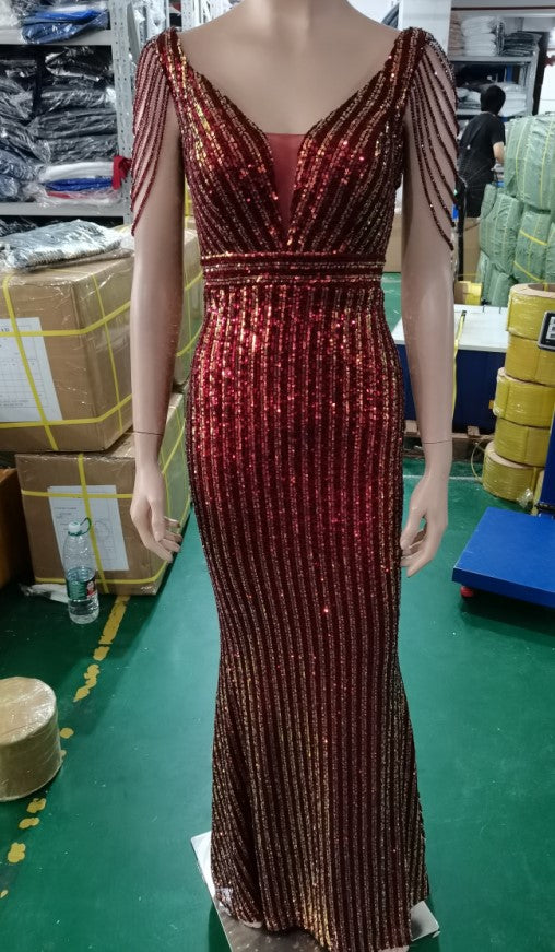 Women Sequined V-Neck Long Evening Dress 12
