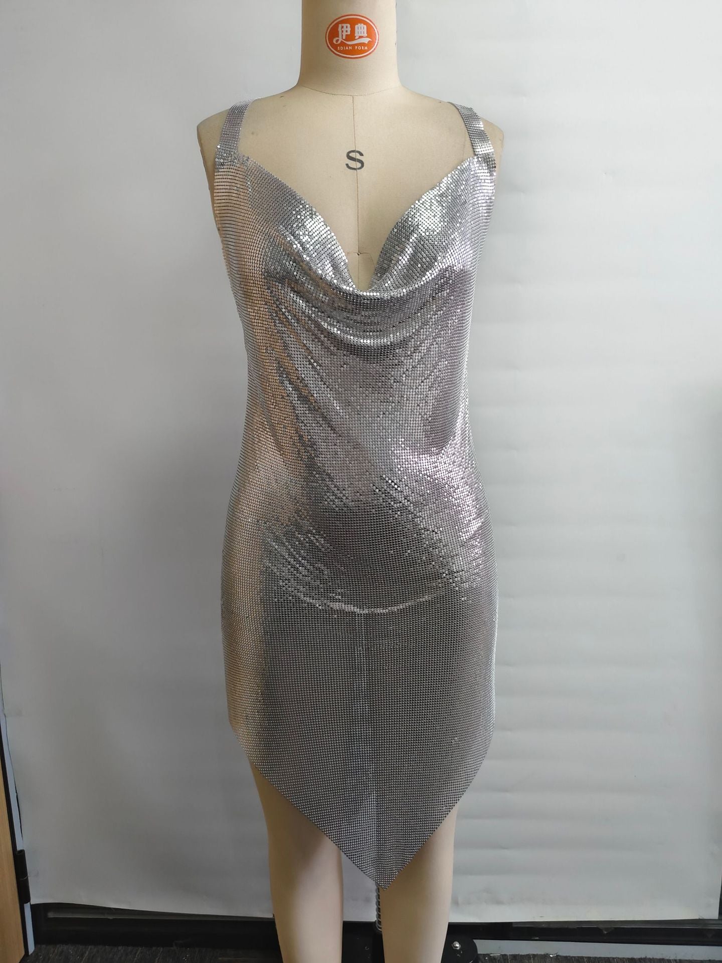 Fashion Women's Nightclub Rhinestone Chain Metal Sexy Halter Neck Dress 8