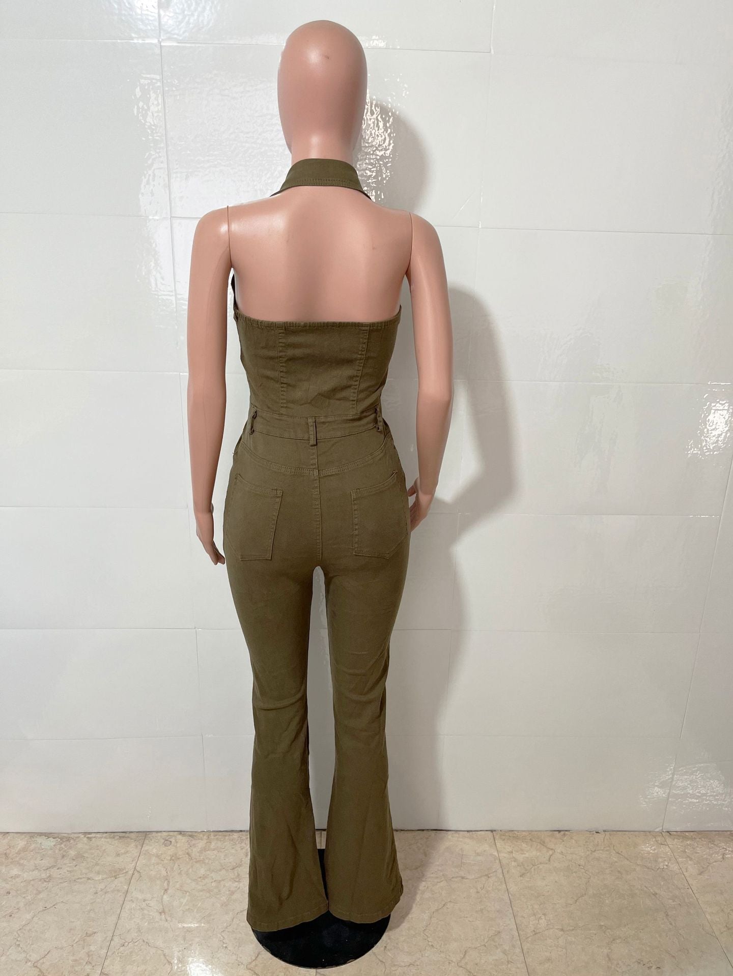 Women Denim Stretch Sexy Backless Turndown Collar Cargo Jumpsuit 9