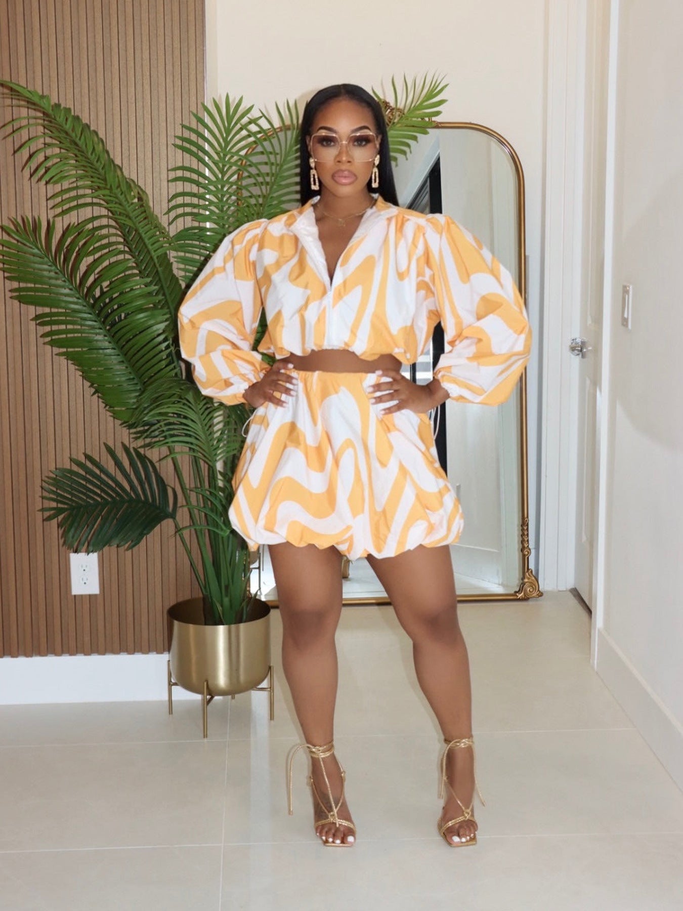 Women zipper cute puff sleeve striped shirt and Skirt two-piece set 3